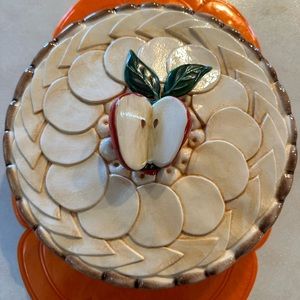 Pie Plate 8” Vintage with cover Apple pie theme all ceramic from Portugal 1970’s